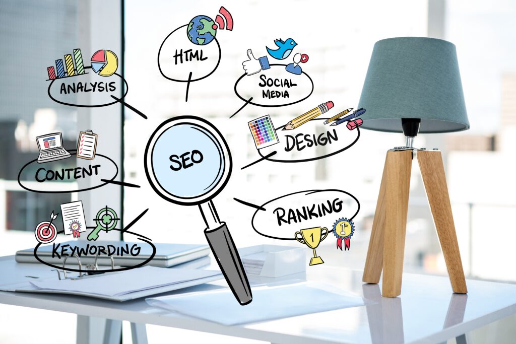 digital composite of business graphics with office background, The image is a creative representation of SEO (Search Engine Optimization) and its key components, illustrated in a business workspace setting.